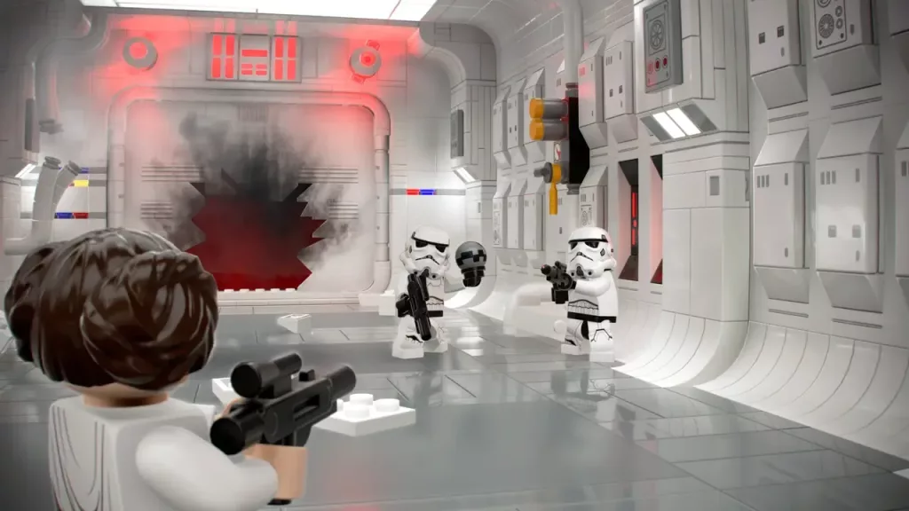 Princesa Leia enfrentando Stormtroopers na versão Lego.