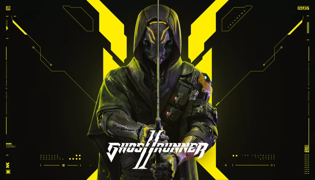 Imagem de Jack, protagonista de Ghostrunner 2, com uma espada e em um fundo preto e amarelo