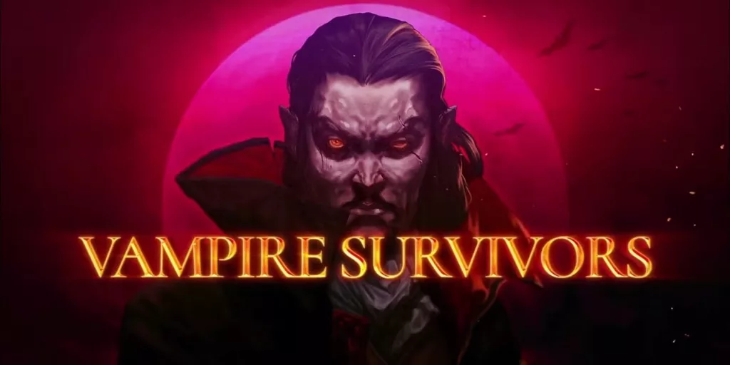 Um vampiro mostra sua face com olhos vermelhos em um fundo com uma lua também vermelha. A logo de Vampire Survivors à frente em mais um jogo misterioso da Epic Games.