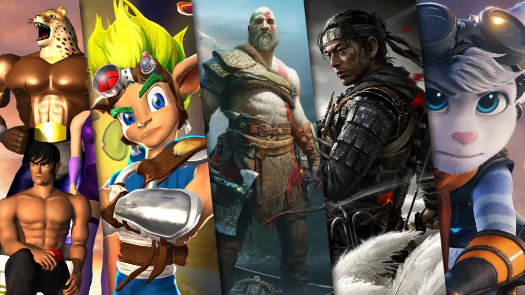 Tekken, Jak and Daxter, God of War, Ghost of Tsushima e Ratchet & Clank numa imagem dividida verticalmente, jogos Playstation.