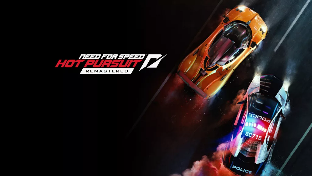 Uma viatura e um carro em alta velocidade e a logo de Need for Speed Hot Pursuit ao lado.