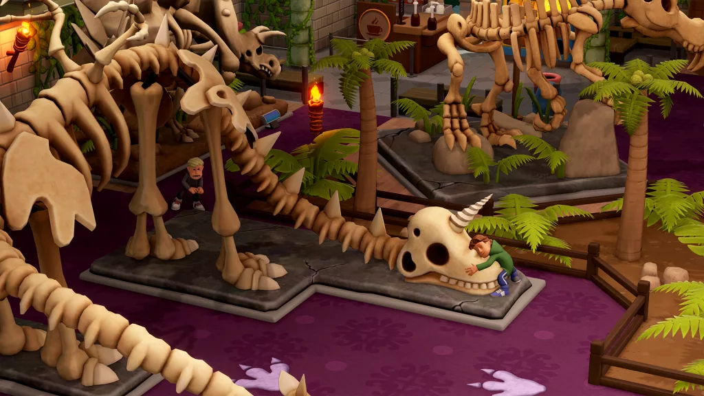 Criança abraçada com uma ossada de dinossauro.