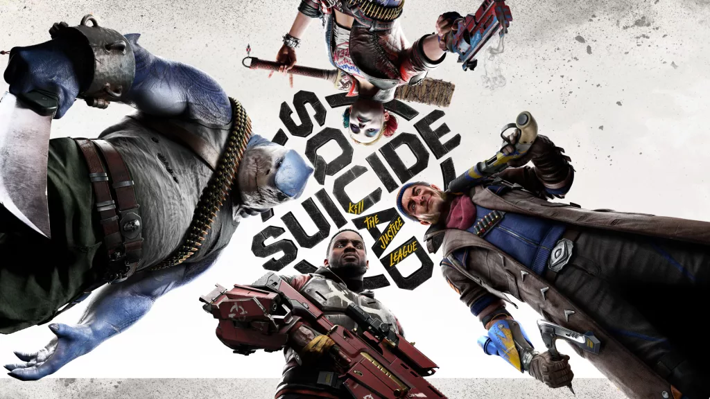 Tubarão Rei, Arlequina, Capitão Bumerangue e Pistoleiro em um círculo olhando para baixo e o símbolo do jogo como um alvo entre eles. Jogo entregue na PlayStation Plus.