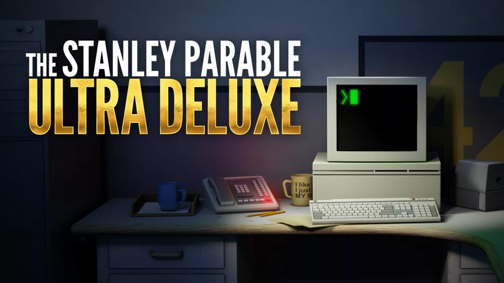 Um computador antigo em uma mesa de escritório e as palavras The Stanley Parable Ultra Deluxe à esquerda da imagem.