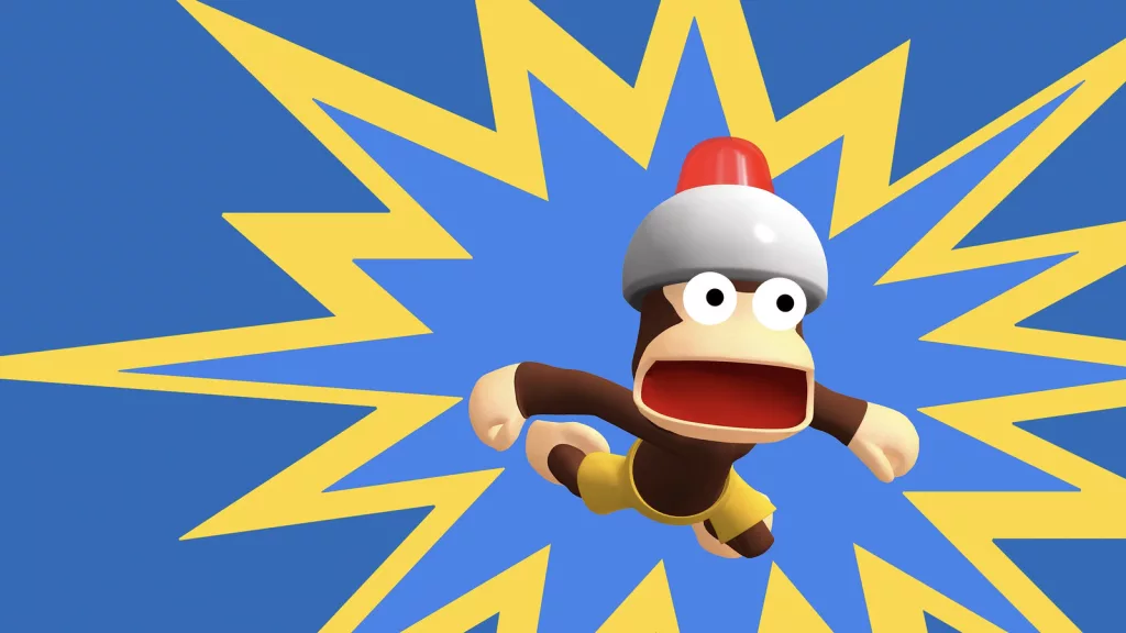 Um macaco com uma sirene como chapéu em Ape Escape da PlayStation.