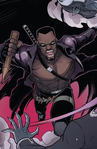 Blade atacando um vampiro com uma estaca em mãos.