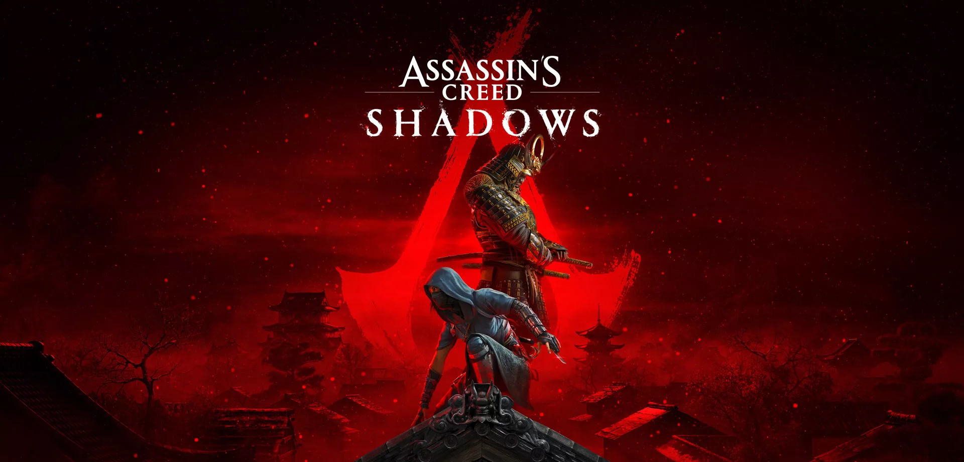 Naoe e Yasuke a frente da logo de Assassin's Creed Shadows.