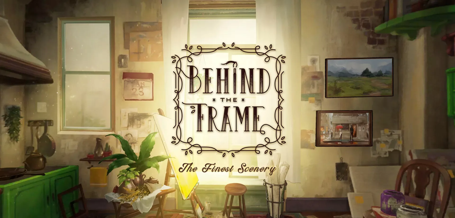 Imagem de uma sala relaxante com utensílios de pintura e a logo de Behind the Frame The Finest Scenery.
