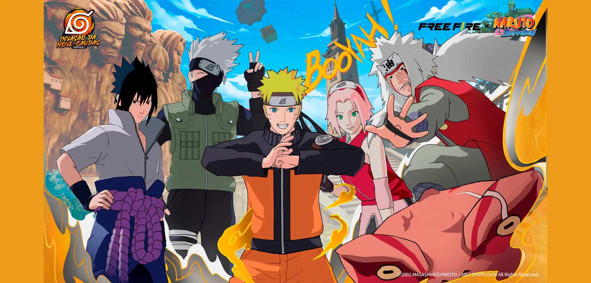 Naruto e outros personagens no jogo Free Fire.