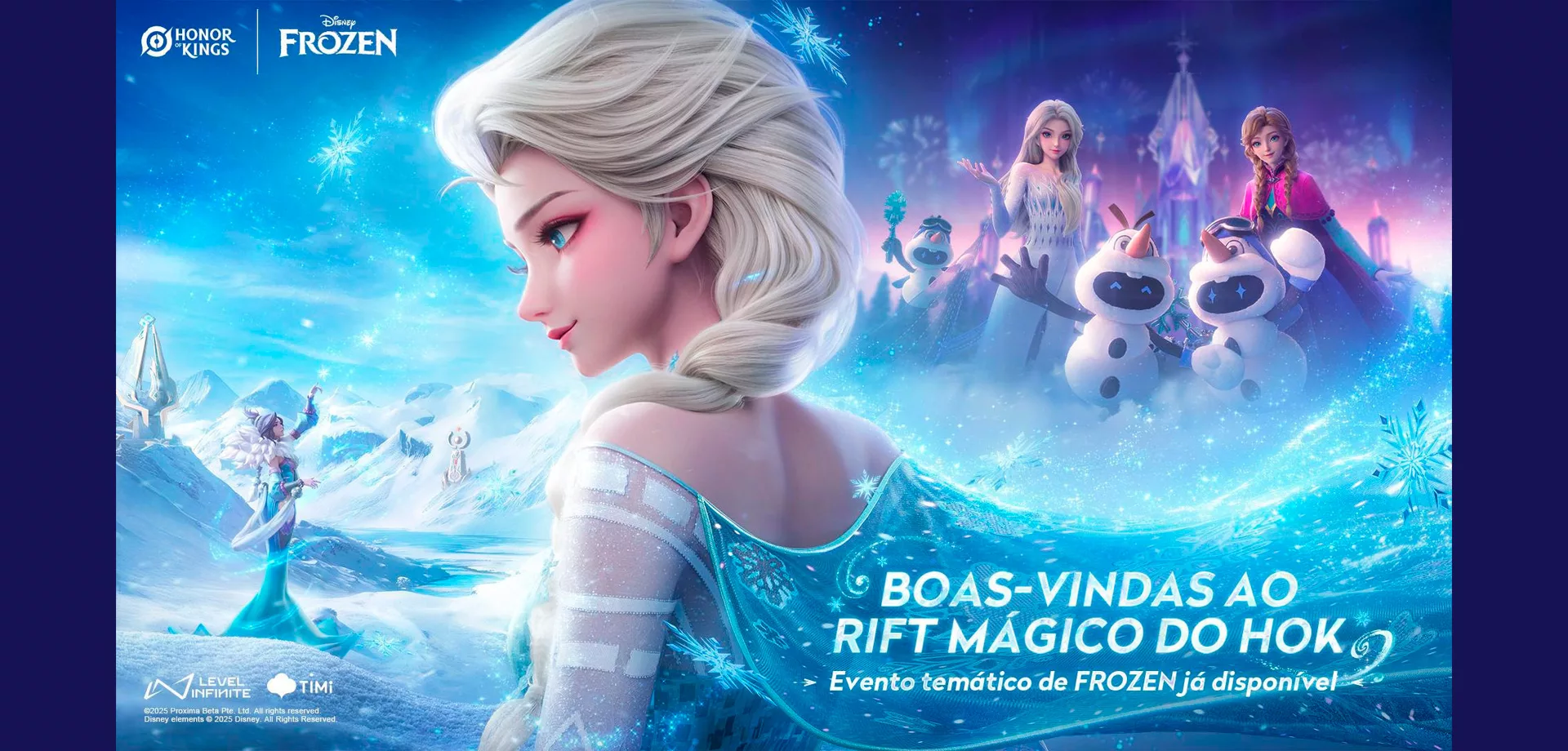 Personagens de Honor of Kings com roupas do evento temático de Frozen.