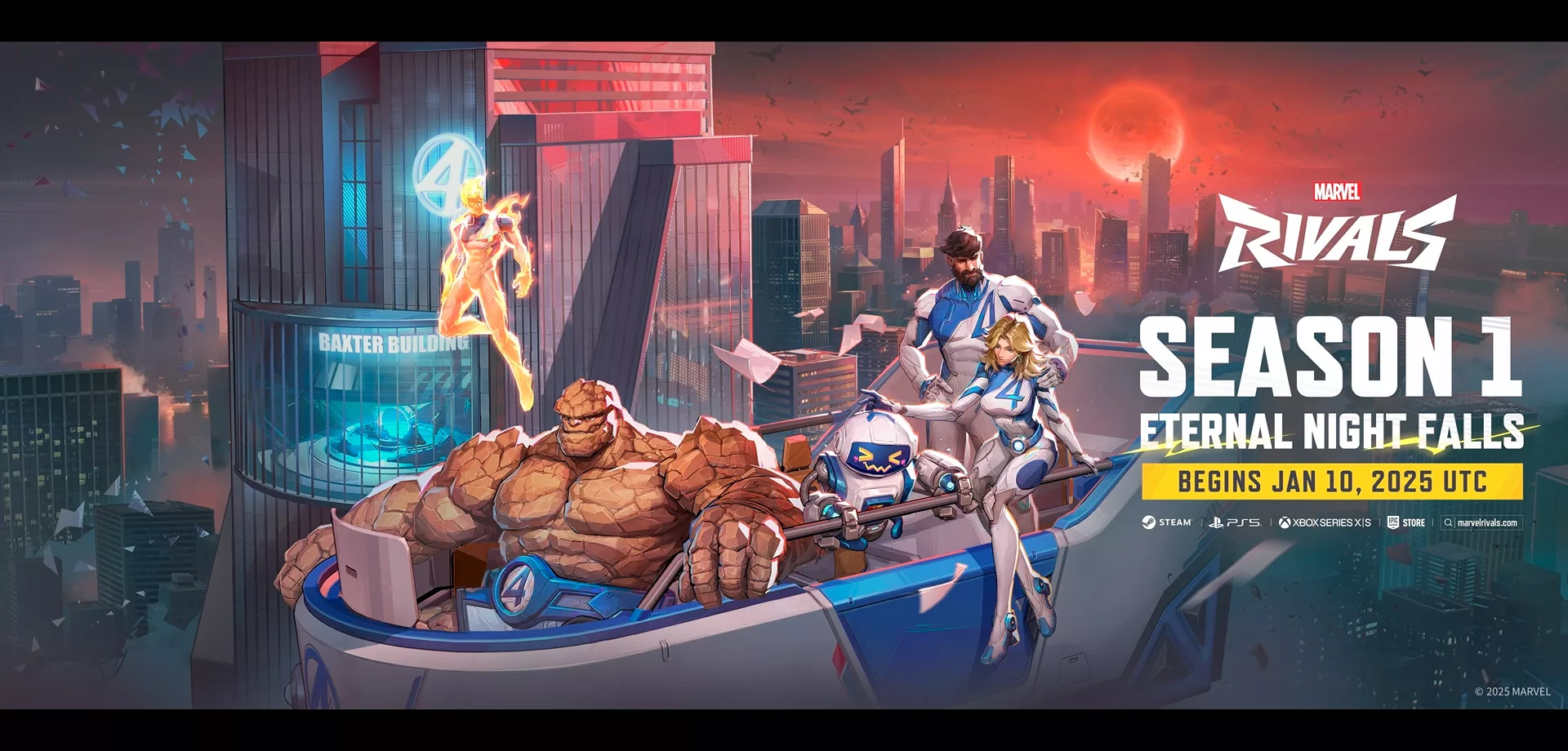 Quarteto Fantástico em seu automóvel voador à frente da construção Baxter com um fundo de uma lua de sangue e muitos morcegos em Marvel Rivals.
