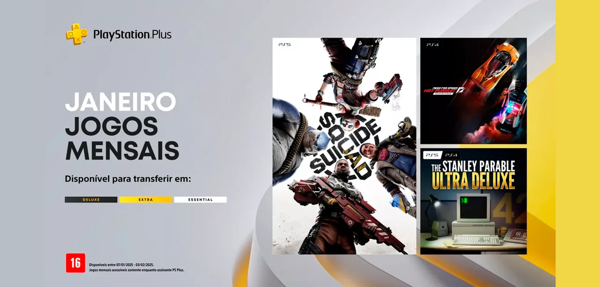 PlayStation Plus de Janeiro e a capa dos 3 jogos entregues.