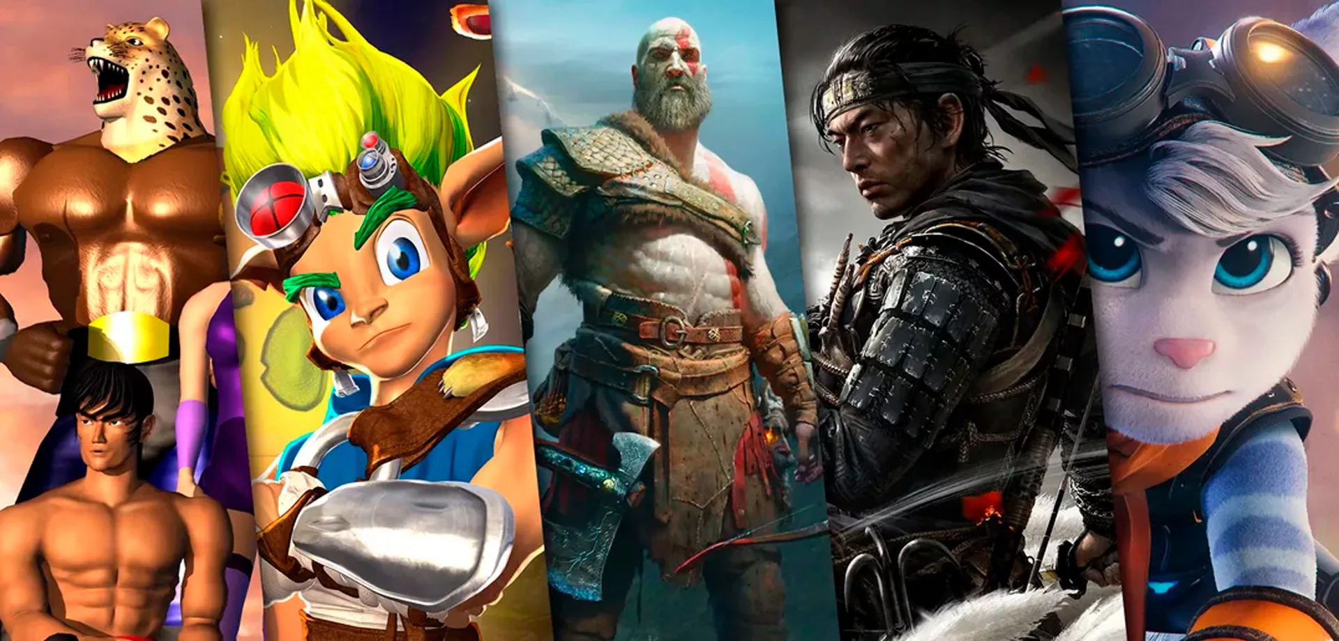 Tekken, Jak and Daxter, God of War, Ghost of Tsushima e Ratchet & Clank numa imagem dividida verticalmente, jogos Playstation.