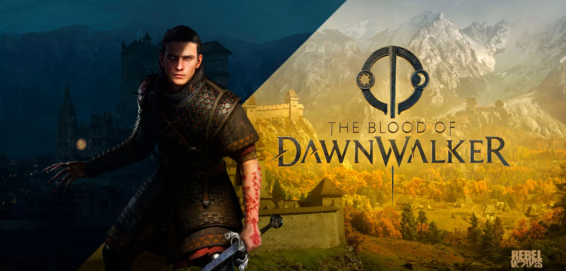 Personagen Coen de The Blood of Dawnwalker aparece dividido em 2 partes, uma noturna e outra diurna, ao lado direito o título do game.