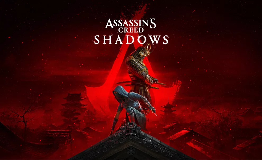 Naoe e Yasuke a frente da logo de Assassin's Creed Shadows.