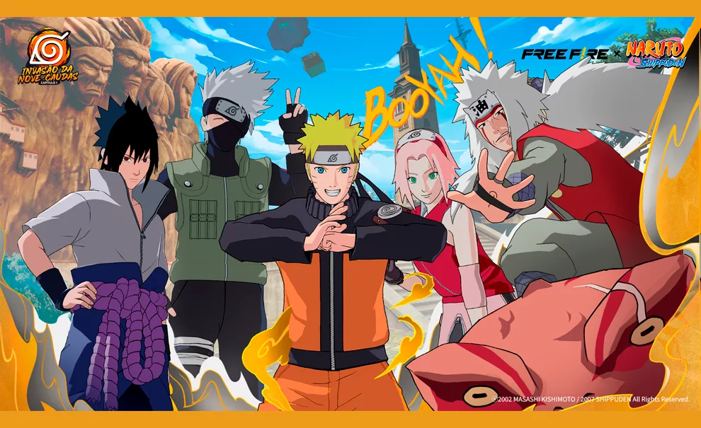 Naruto e outros personagens no jogo Free Fire.