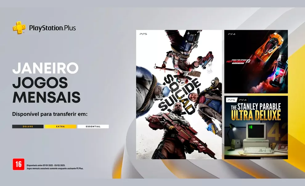 PlayStation Plus de Janeiro e a capa dos 3 jogos entregues.