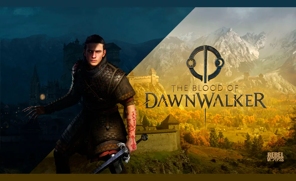 Personagen Coen de The Blood of Dawnwalker aparece dividido em 2 partes, uma noturna e outra diurna, ao lado direito o título do game.