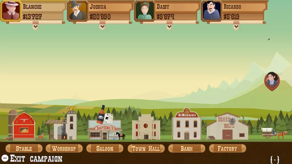Personagens caima no Layout, abaixo tipos de comércio como estábulo, saloon e banco e no meio paisagem com montanhas.