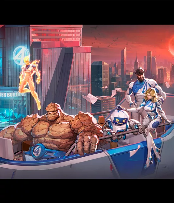 Quarteto Fantástico em seu automóvel voador à frente da construção Baxter com um fundo de uma lua de sangue e muitos morcegos em Marvel Rivals.