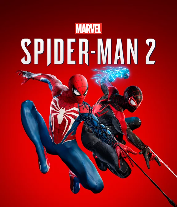 Capa de Marvel's Spider-Man 2 com Peter Parker e Miles Morales em um fundo vermelho.