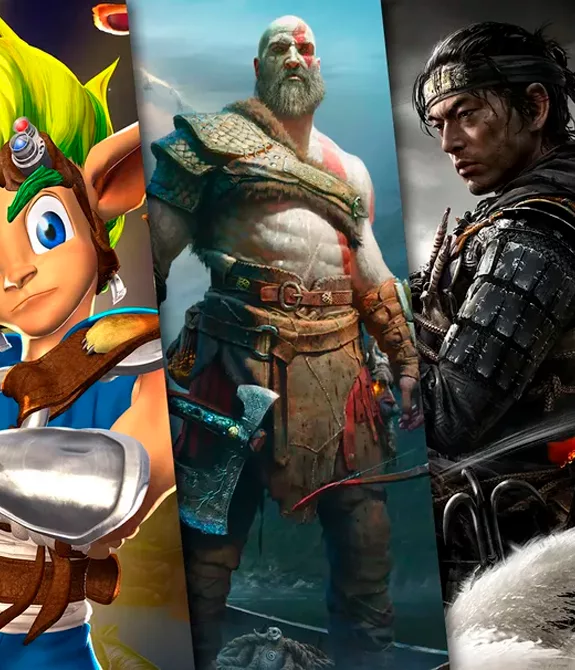 Tekken, Jak and Daxter, God of War, Ghost of Tsushima e Ratchet & Clank numa imagem dividida verticalmente, jogos Playstation.
