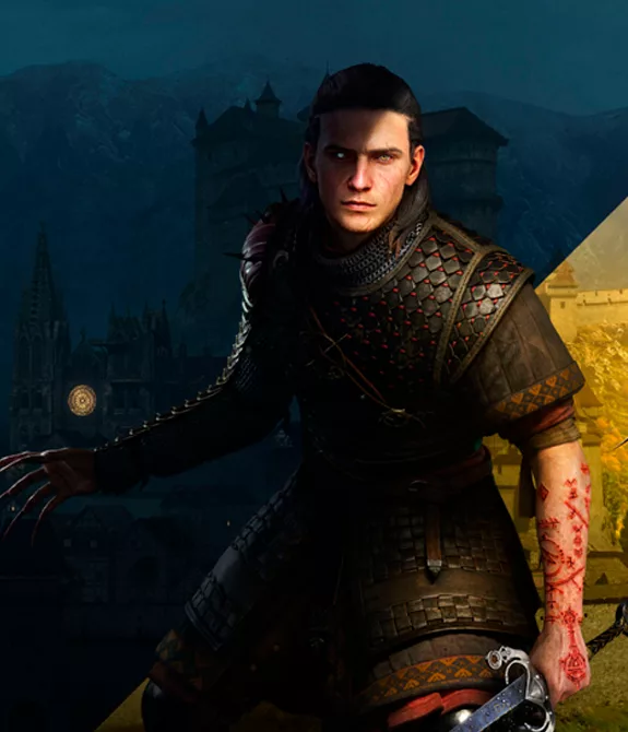 Personagen Coen de The Blood of Dawnwalker aparece dividido em 2 partes, uma noturna e outra diurna, ao lado direito o título do game.