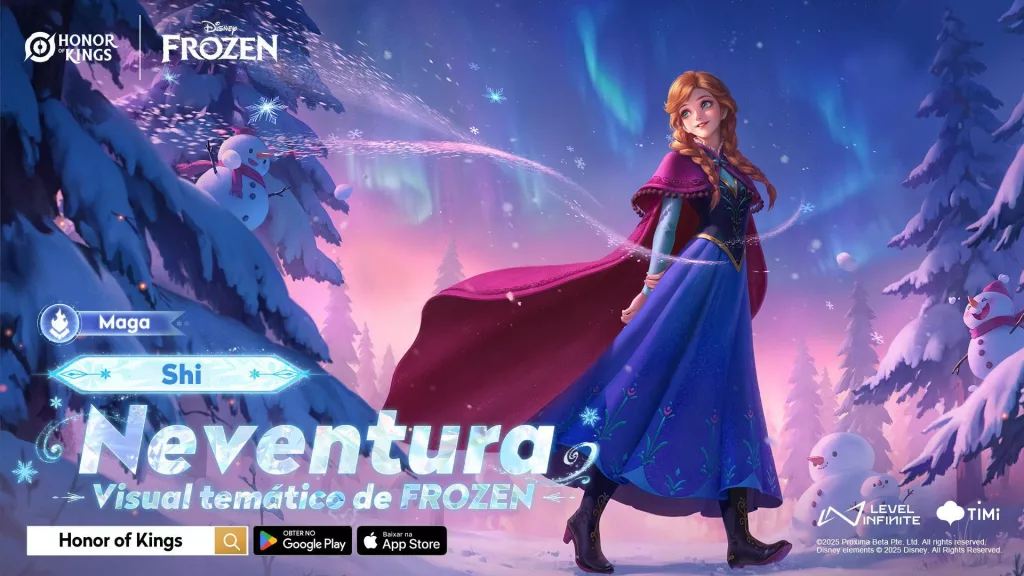 Personagem Shi de Honor of Kings com a Skin de Frozen chamada Neventura.