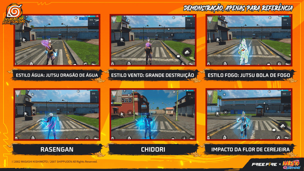 Várias demonstrações de Ninjutsus de Naruto no Free Fire.