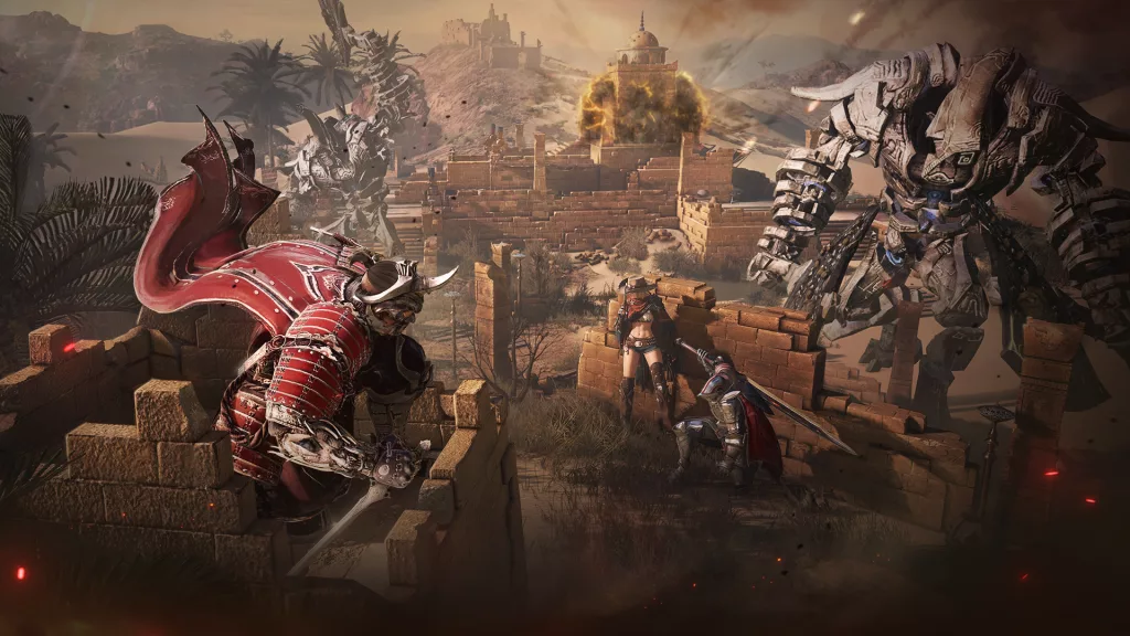 Personagens de Black Desert em uma localização de ruínas enfrentando monstros.