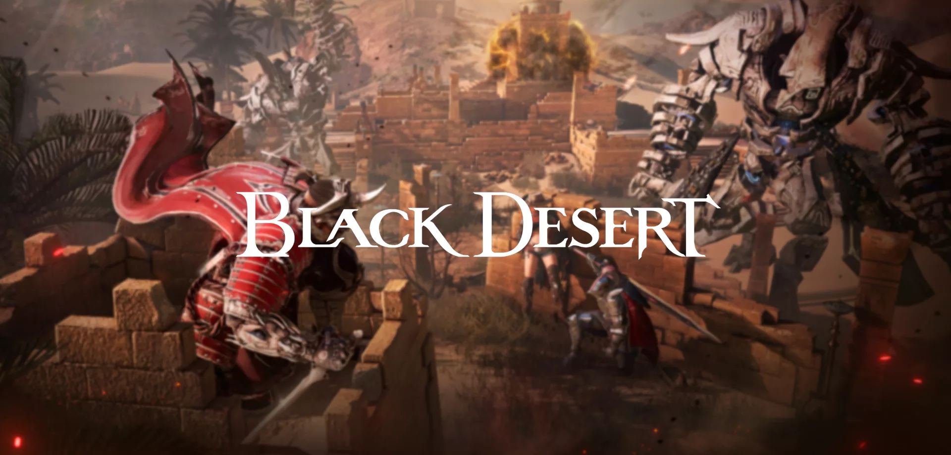 Personagens de Black Desert em uma localização de ruínas enfrentando monstros.