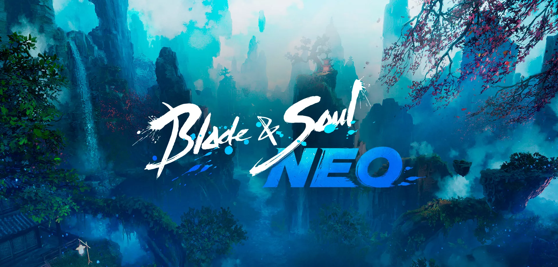 Paisagem montanhosa com casas com estética asiática e cerejeiras e a logo de Blade & Soul NEO.