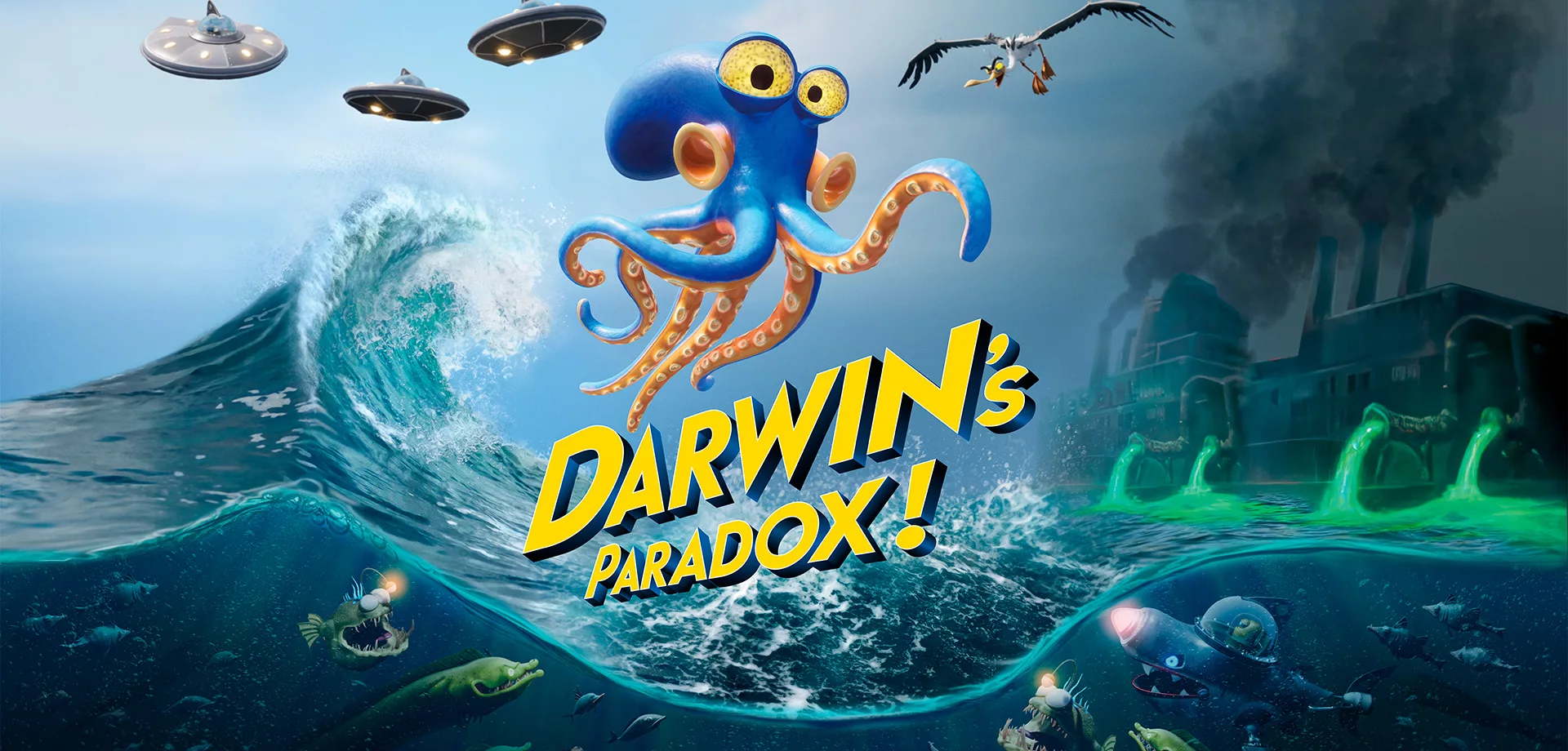 O polvo de Darwins Paradox! acima das ondas do mar com uma gaivota à espreita, OVNIs, uma indústria fumacenta e peixes voraezes de olho nele.