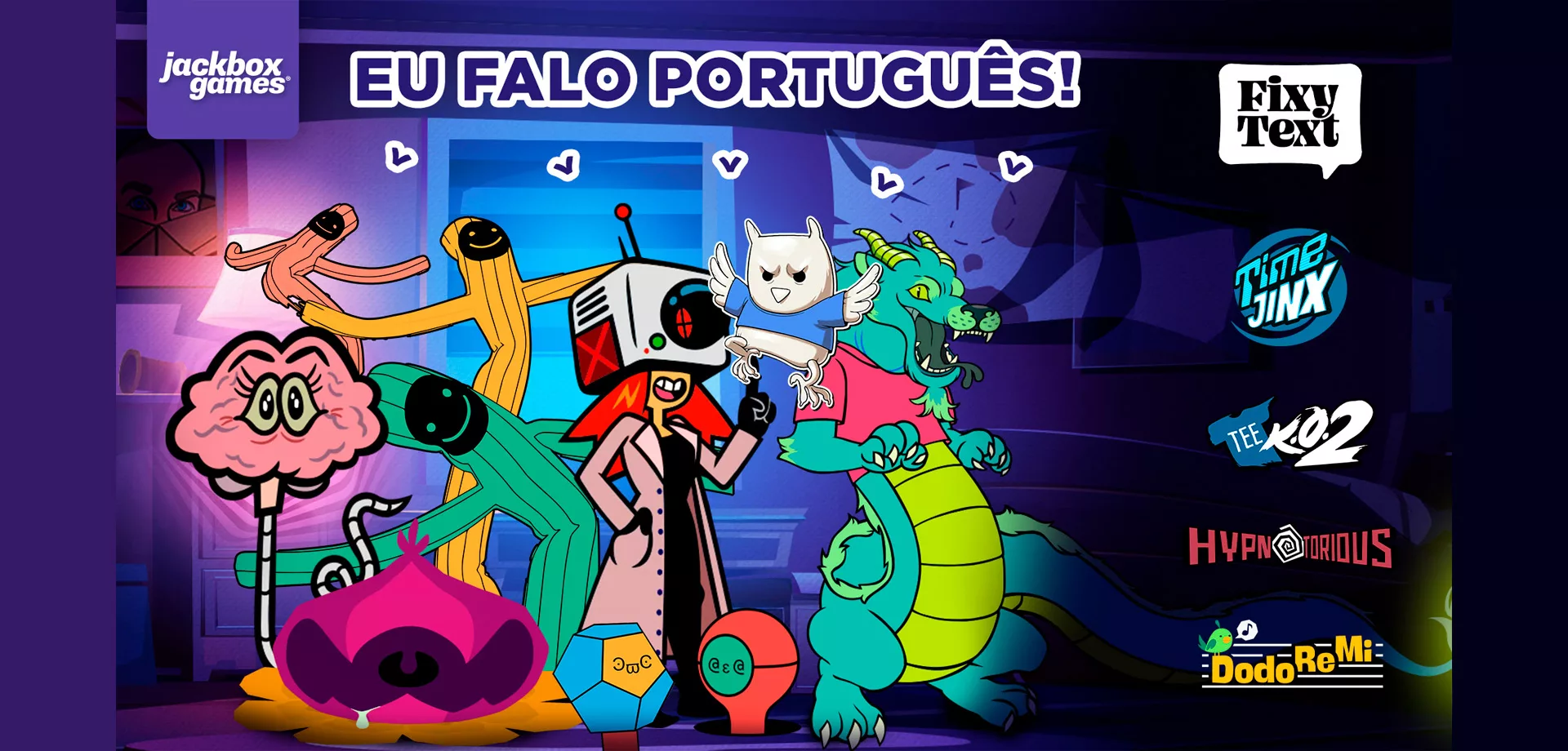 Vários personagens da Jackbox Games, com vários dos seus jogos descritos na lateral e a frase "eu falo português" em destaque.