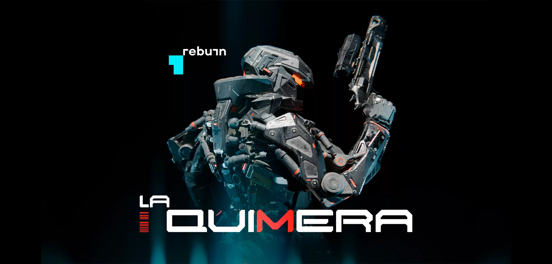 Soldado futurista olhando por cima do ombro e apontado uma arma para o alto e a logo de La Quimera à frente.