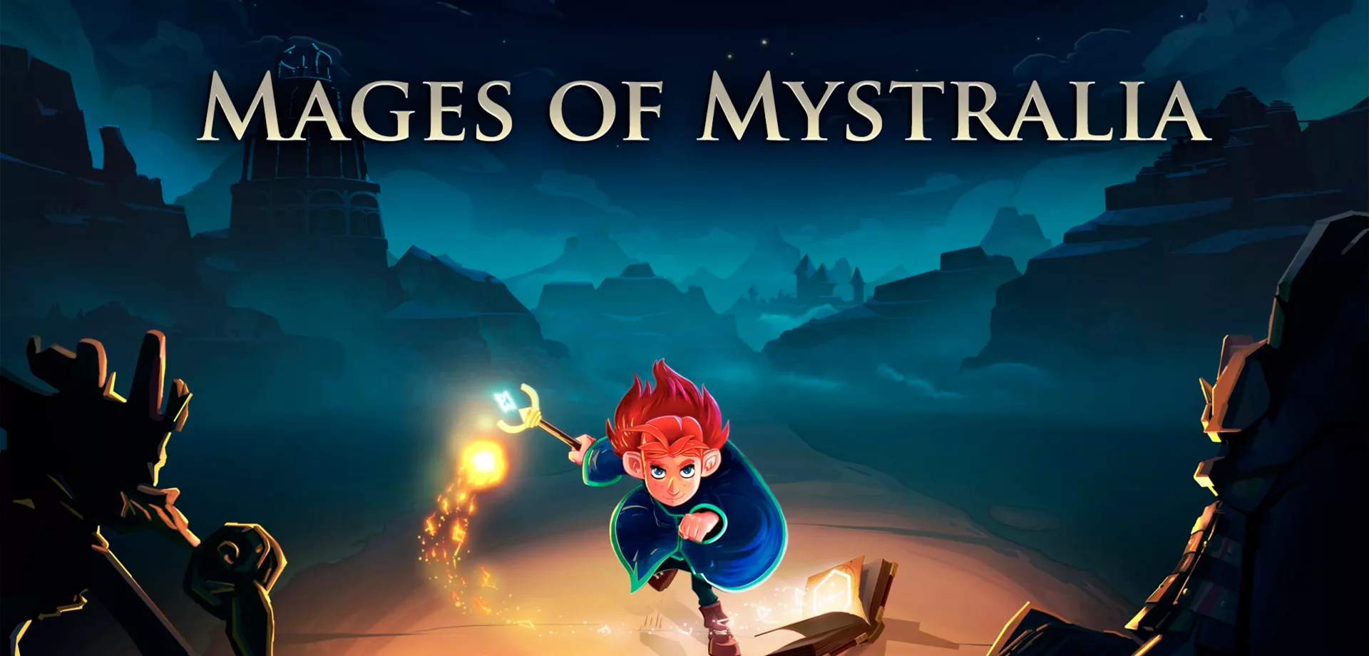 Zia, personagem de Mages of Mystralia usando seu livro de magias para encarar inimigos no deserto durante a noite.