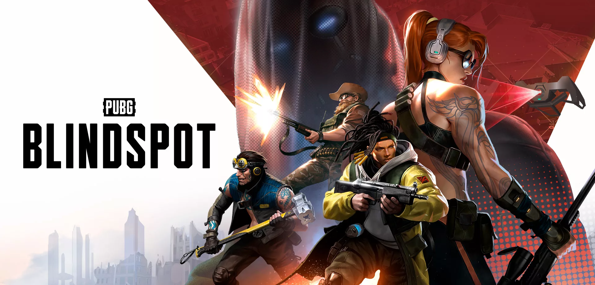 Personagens de PUBG Blindspot em destaque com o fundo de uma cidade em ruínas.