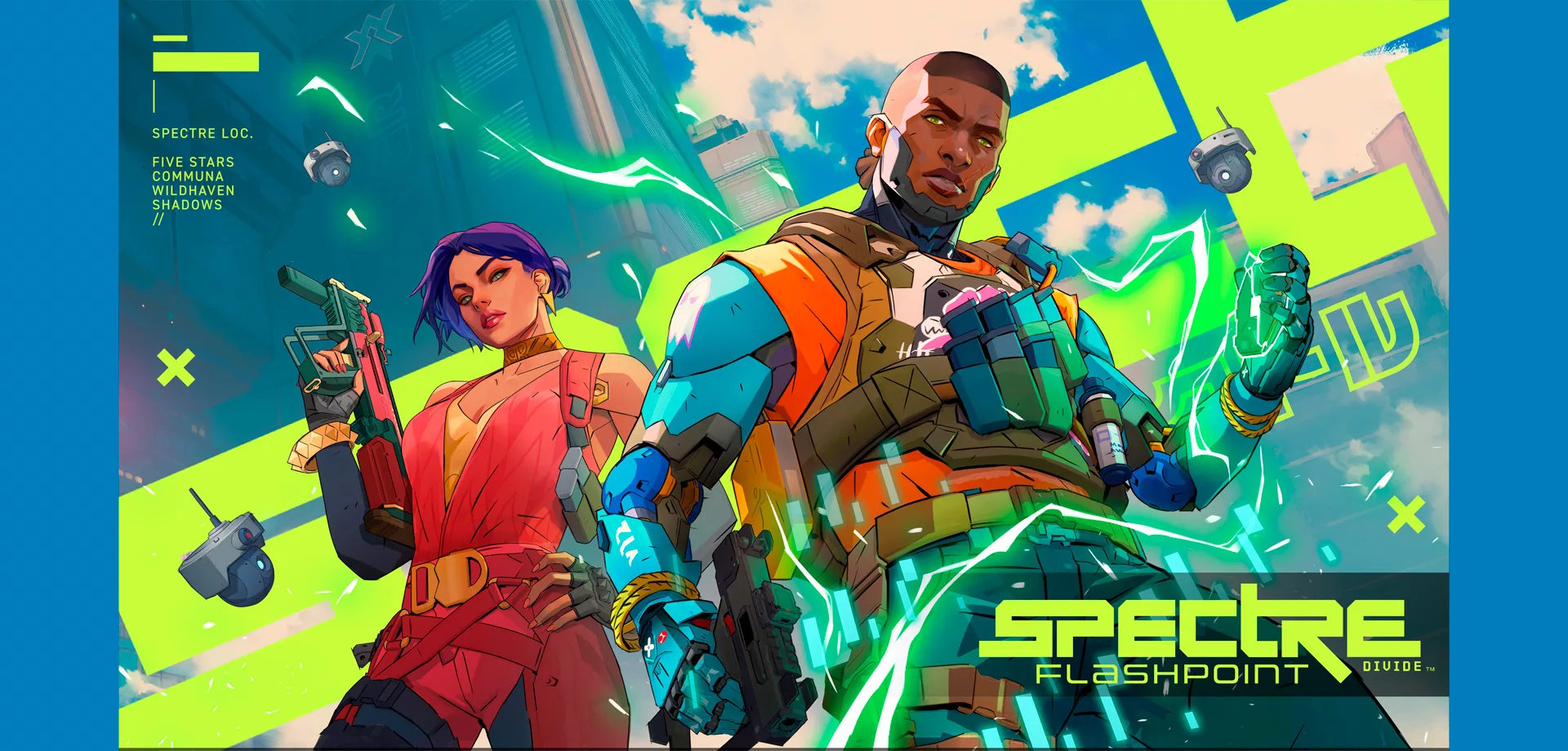 2 Personagens de Spectre Divide segurando armas, no fundo prédios e um céu azul com poucas nuvens. À frente a logo da Temproada 1 Flashpoint.