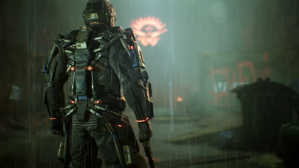Soldado futurista olhando para um beco.