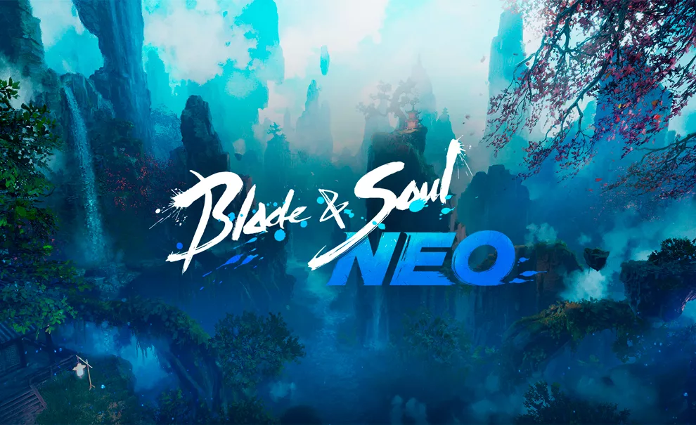 Paisagem montanhosa com casas com estética asiática e cerejeiras e a logo de Blade & Soul NEO.