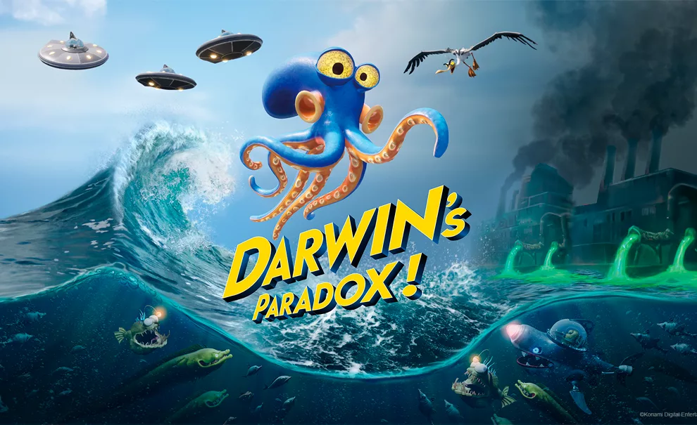 O polvo de Darwins Paradox! acima das ondas do mar com uma gaivota à espreita, OVNIs, uma indústria fumacenta e peixes voraezes de olho nele.