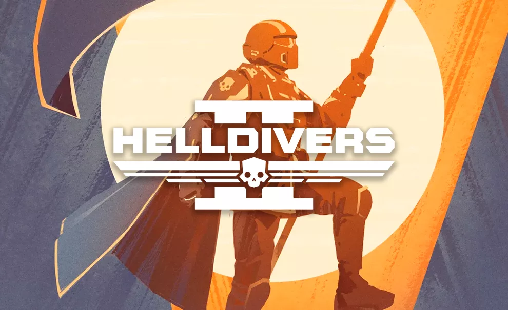 Soldado de Helldivers 2 segurando uma bandeira em um desenho simulando pintura.