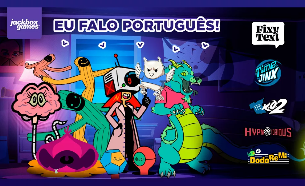 Vários personagens da Jackbox Games, com vários dos seus jogos descritos na lateral e a frase "eu falo português" em destaque.