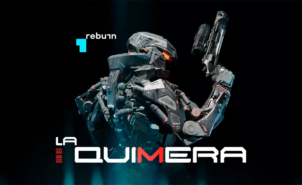 Soldado futurista olhando por cima do ombro e apontado uma arma para o alto e a logo de La Quimera à frente.