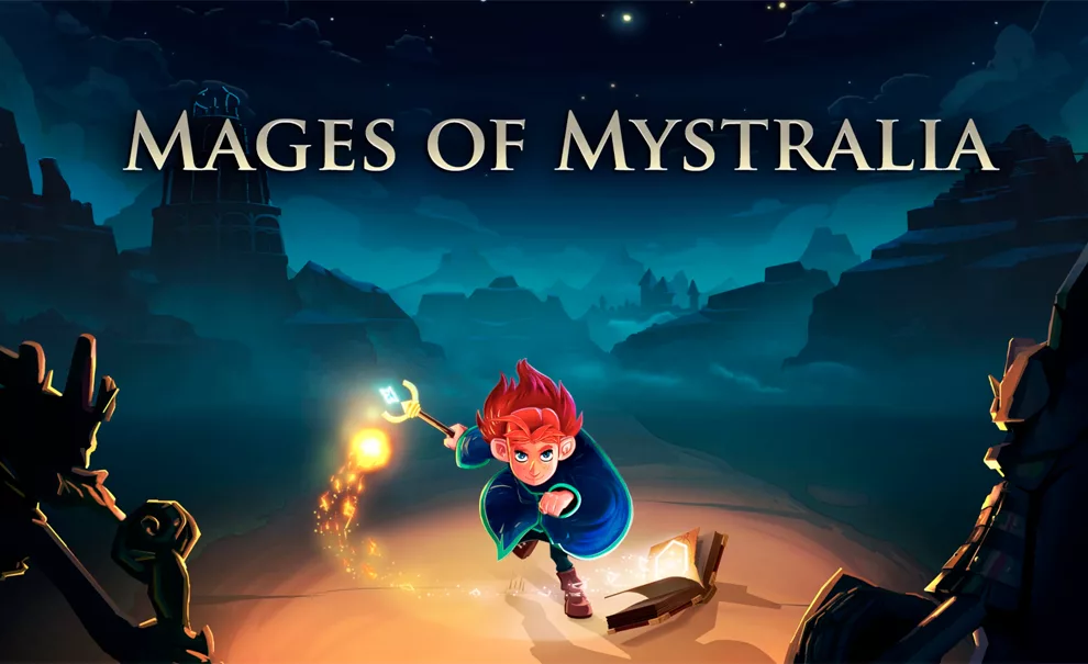 Zia, personagem de Mages of Mystralia usando seu livro de magias para encarar inimigos no deserto durante a noite.