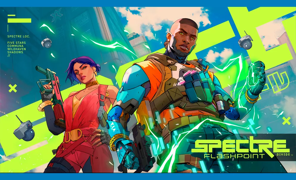 2 Personagens de Spectre Divide segurando armas, no fundo prédios e um céu azul com poucas nuvens. À frente a logo da Temproada 1 Flashpoint.
