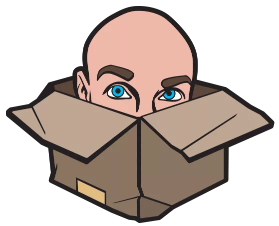 A cabeça de um homem calvo saindo de uma caixa de papelão, logo da Jackbox Games.