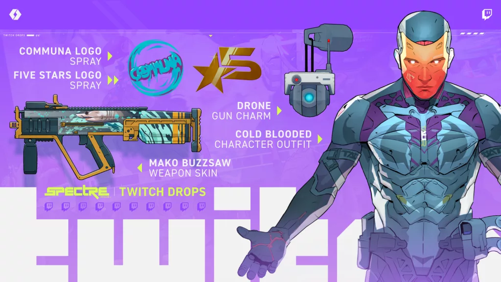 Imagem com todos os drops da twitch, dois sprays, um gun charm, uma skin de arma e uma roupa de personagem.