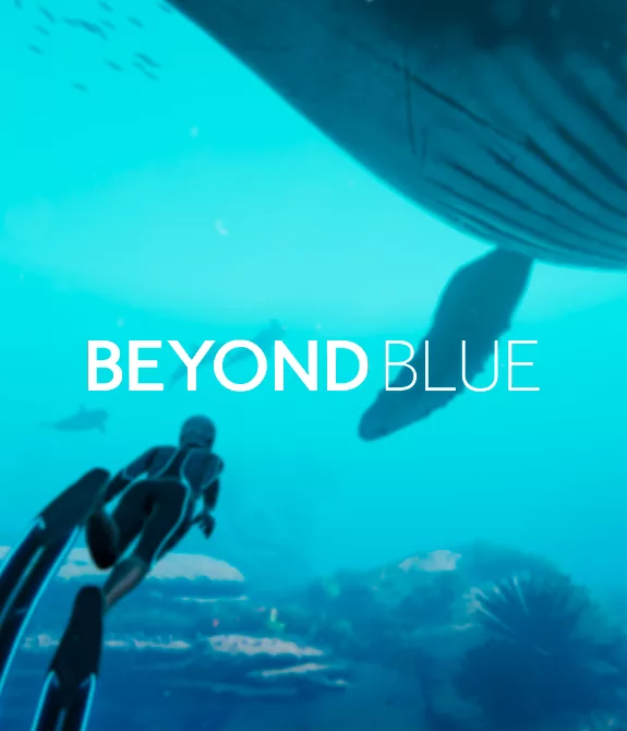 A Mergulhadora nadando sob uma baleia em meio a um atol em Beyond Blue.