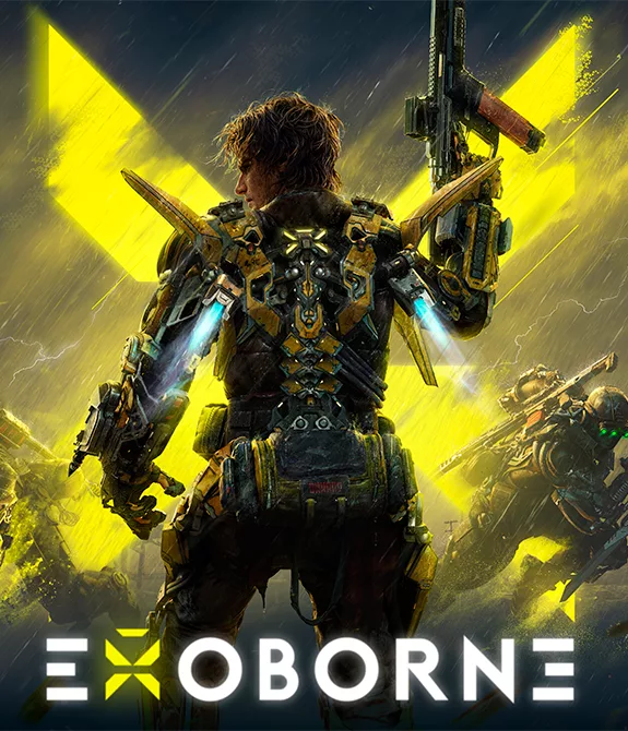 Três personagens de Exoborne e seus Exo-Rigs.